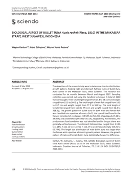 Biological Aspect of Bullet Tuna Auxis Rochei DOI: 10.2478/Cjf-2019-0013 CODEN RIBAEG ISSN 1330-061X (Print) 1848-0586 (Online)