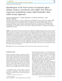 Trypaea Australiensis) and Soldier Crab (Mictyris Longicarpus) Populations Using a Lipid Biomarker, Dual