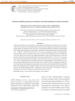 Selection of Alfalfa Genotypes for Resistance to the Foliar Pathogen Curvularia Geniculata