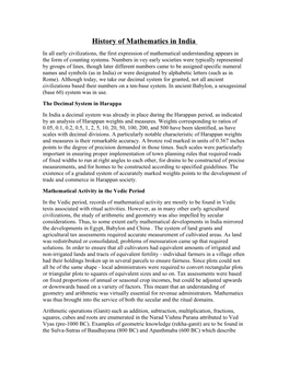 History of Mathematics in India in All Early Civilizations, the First Expression of Mathematical Understanding Appears in the Form of Counting Systems