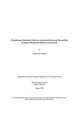 Neoplatonic Identities: Literary Representation and the Politics of Queen Henrietta Maria's Court Circle