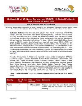 Outbreak Brief #8: Novel Coronavirus (COVID-19) Global Epidemic Date of Issue: 10 March 2020 109,575 Cases and 3,810 Deaths