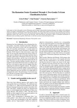 The Romanian Neuter Examined Through a Two-Gender N-Gram Classiﬁcation System