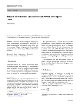 Siacci's Resolution of the Acceleration Vector for a Space Curve