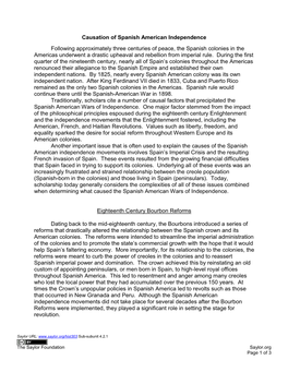 Causation of Spanish American Independence Following Approximately Three Centuries of Peace, the Spanish Colonies in the America