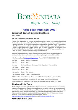 Rides Supplement April 2010 Camberwell Downhill Gourmet Bike Riders 2010 Calendar