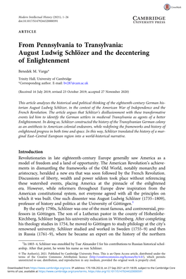 From Pennsylvania to Transylvania: August Ludwig Schlözer and the Decentering of Enlightenment