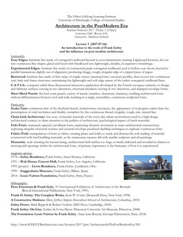 Architecture in the Postmodern Era Summer Semester 2017 (Friday 1-2:30Pm) Lawrence Hall (Room 104) Instructor: Matthew Schlueb