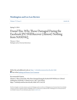 Friend This: Why Those Damaged During the Facebook IPO Will Recover (Almost) Nothing from NASDAQ Thomas L