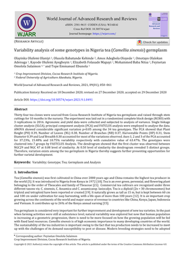 Variability Analysis of Some Genotypes in Nigeria Tea (Camellia Sinensis) Germplasm