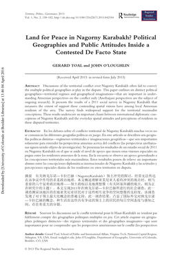 Land for Peace in Nagorny Karabakh? Political Geographies and Public Attitudes Inside a Contested De Facto State