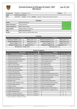 Comissão Estadual De Arbitragem De Futebol - CEAF Jogo: 86 / 2021 SÃO PAULO