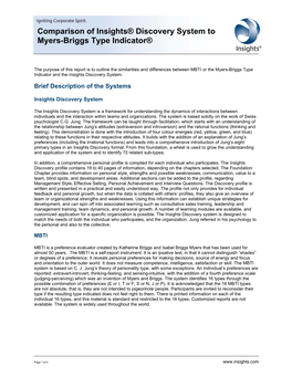 Comparison of Insights® Discovery System to Myers-Briggs Type Indicator®