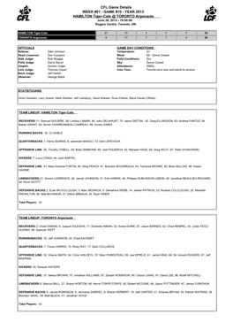 CFL Game Details WEEK #01 - GAME #10 - YEAR 2013 HAMILTON Tiger-Cats @ TORONTO Argonauts June 28, 2013 - 19:00:00 Rogers Centre, Toronto, ON