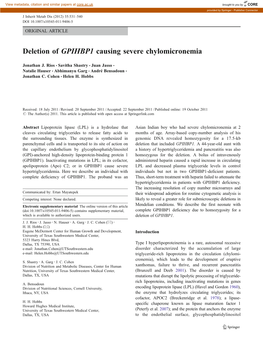 Deletion of GPIHBP1 Causing Severe Chylomicronemia