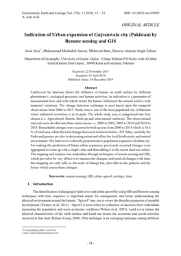 Indication of Urban Expansion of Gujranwala City (Pakistan) by Remote Sensing and GIS