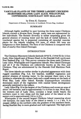 VASCULAR PLANTS of the THREE LARGEST CHICKENS (MAROTERE) ISLANDS: LADY ALICE, WHATUPUKE, COPPERMINE: NORTH-EAST NEW ZEALAND by E