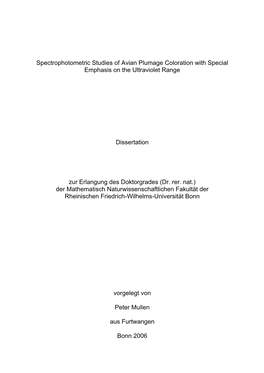 Spectrophotometric Studies of Avian Plumage Coloration with Special Emphasis on the Ultraviolet Range