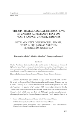 The Ophthalmological Observations in Caelius Aurelianus Text on Acute and on Chronic Diseases