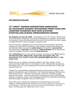 72Nd EMMY® AWARDS NOMINATIONS ANNOUNCED AS