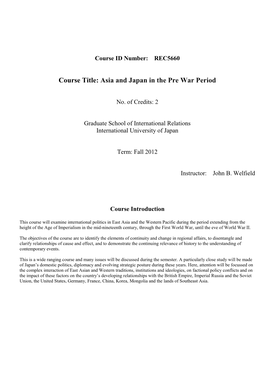 Course Title: Asia and Japan in the Pre War Period