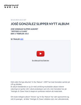 José González Slipper Nytt Album