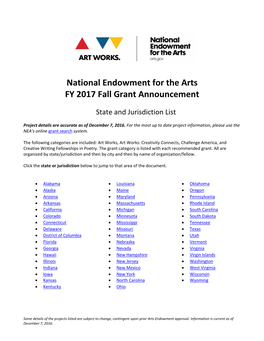 National Endowment for the Arts FY 2017 Fall Grant Announcement