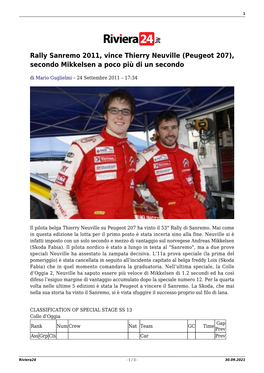 Rally Sanremo 2011, Vince Thierry Neuville (Peugeot 207), Secondo Mikkelsen a Poco Più Di Un Secondo