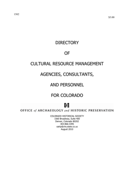 Directory of Cultural Resource Management Agencies, Consultants and Personnel for Colorado