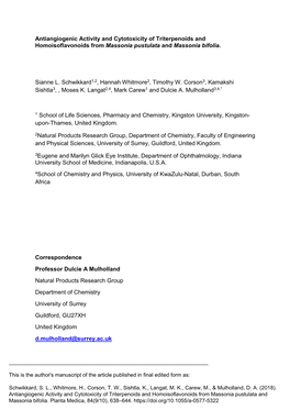 Antiangiogenic Activity and Cytotoxicity of Triterpenoids and Homoisoflavonoids from Massonia Pustulata and Massonia Bifolia