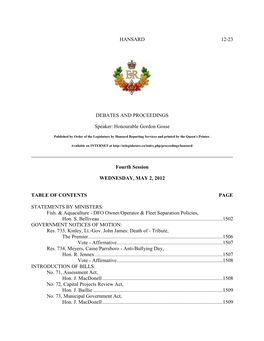 HANSARD 12-23 DEBATES and PROCEEDINGS Speaker