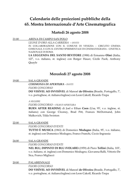 Calendario Delle Proiezioni Pubbliche Della 65