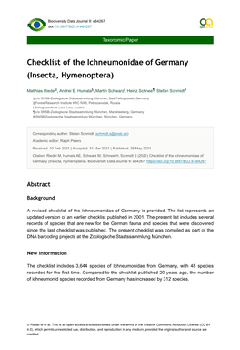 Checklist of the Ichneumonidae of Germany (Insecta, Hymenoptera)