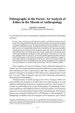 Ethnography in the Forest: an Analysis of Ethics in the Morals of Anthropology