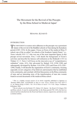 The Movement for the Revival of the Precepts by the Ritsu School in Medieval Japan1