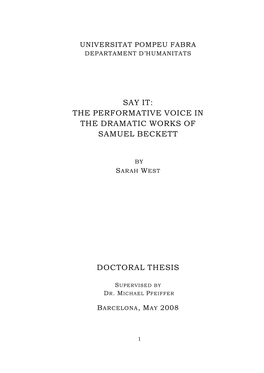 Say It: the Performative Voice in the Dramatic Works of Samuel Beckett