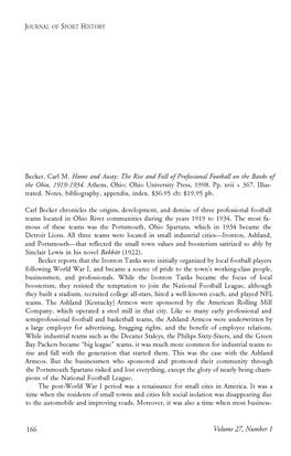 Becker, Carl M. Home and Away: the Rise and Fall O F Professional Football on the Banks O F the Ohio, 1919-1934