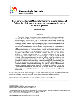 (Mammalia) from the Middle Eocene of California, USA, and Comments on the Taxonomic Status of ‘Miacis’ Gracilis