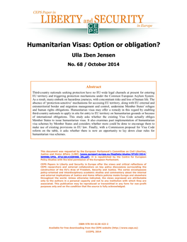 Humanitarian Visas: Option Or Obligation? Ulla Iben Jensen No