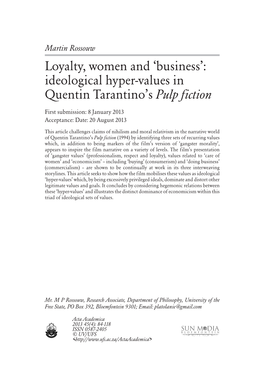 Loyalty, Women and 'Business': Ideological Hyper-Values in Quentin