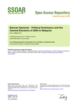 Barisan Nasional – Political Dominance and the General Elections of 2004 in Malaysia Lee, Julian C.H