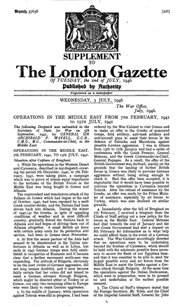 London Gazette of TUESDAY, the 2Nd of JULY, 1946 by Registered As a Newspaper WEDNESDAY, 3 JULY, 1946 the War Office, July, 1946