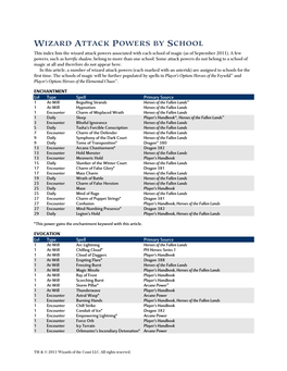 WIZARD ATTACK POWERS by SCHOOL This Index Lists the Wizard Attack Powers Associated with Each School of Magic (As of September 2011)