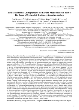 Of the Eastern Mediterranean. Part 4. Bat Fauna of Syria: Distribution, Systematics, Ecology