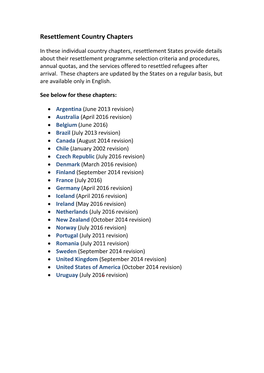 Resettlement Country Chapters