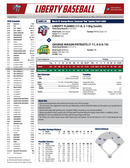 LIBERTY BASEBALL @Libertybaseball Game Notes Ryan Bomberger Rbomberger@Liberty.Edu Offi Ce: (434) 582-2292 Cell: (434) 221-5576