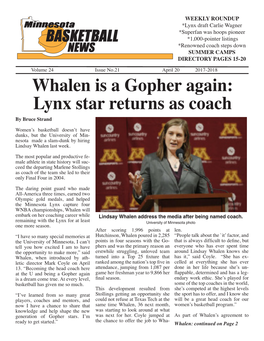 Whalen Is a Gopher Again: Lynx Star Returns As Coach by Bruce Strand