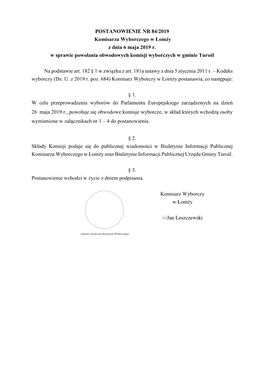 POSTANOWIENIE NR 84/2019 Komisarza Wyborczego W Łomży Z Dnia 6 Maja 2019 R