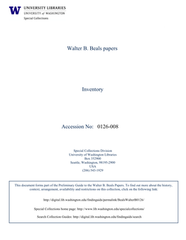 0126-008 Walter B. Beals Papers Inventory Accession