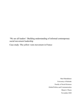 Building Understanding of Informal Contemporary Social Movement Leadership Case Study: the Yellow Vests Movement in France